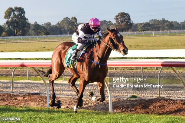 Top Prize ridden by Rebeka Prest wins the Independent Cranes 0 - 58 Handicap at Echuca Racecourse on July 07, 2018 in Echuca, Australia.