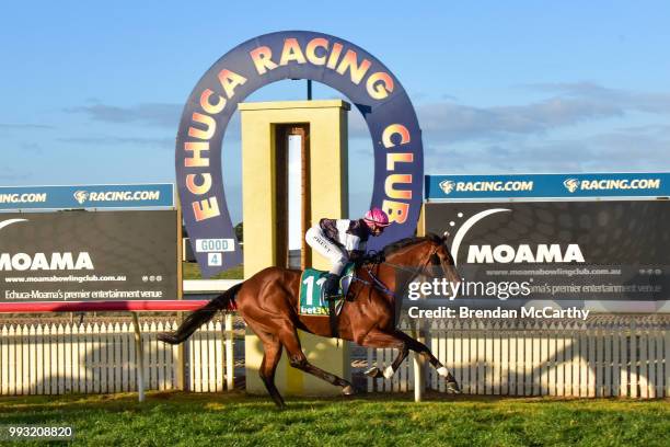 Top Prize ridden by Rebeka Prest wins the Independent Cranes 0 - 58 Handicap at Echuca Racecourse on July 07, 2018 in Echuca, Australia.