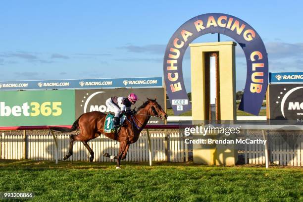 Top Prize ridden by Rebeka Prest wins the Independent Cranes 0 - 58 Handicap at Echuca Racecourse on July 07, 2018 in Echuca, Australia.