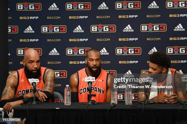 Drew Gooden, Baron Davis and Andre Emmett of 3's Company speak at a postgame press conference following their week three win over Trilogy in the BIG3...