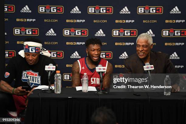 David Hawkins, Nate Robinson and head coach Julius Erving of Tri State speak at a postgame press conference following their win over power in week...