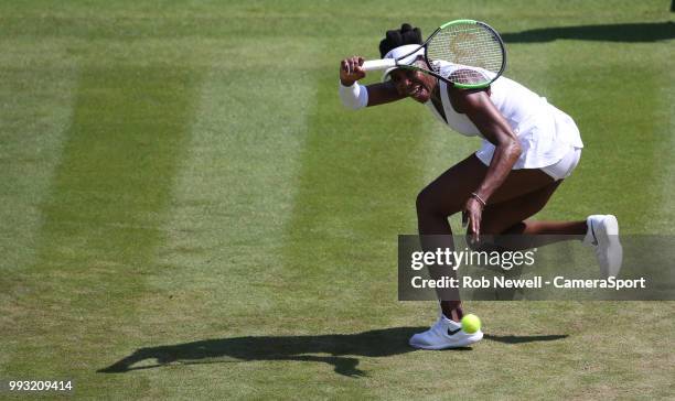 At All England Lawn Tennis and Croquet Club on July 6, 2018 in London, England. Venus Williams during her defeat by Kiki Bertens in their Ladies'...