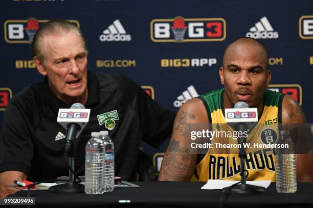 Head coach Rick Barry of Ball Hogs speaks at a postgame press conference with Andre Owens following their win over Ghost Ballers during week three of...