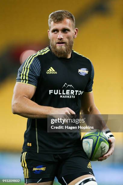 Brad Shields of the Hurricanes looks on prior to his 100th Super Rugby game during the round 18 Super Rugby match between the Hurricanes and the...