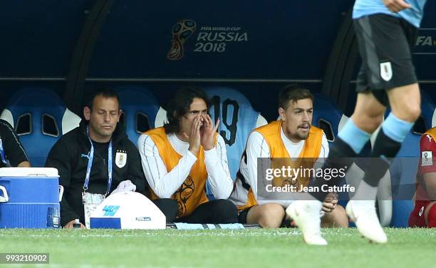 Edinson Cavani of Uruguay on the bench during the 2018 FIFA World Cup Russia Quarter Final match between Uruguay and France at Nizhny Novgorod...