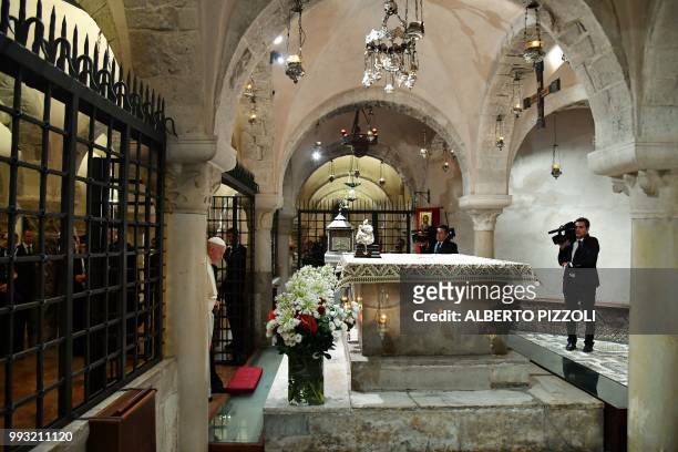 Pope Francis arrives to pray at the tomb of Saint Nicholas in the crypt of the Pontifical Basilica of St Nicholas in Bari, in the Apulia region in...
