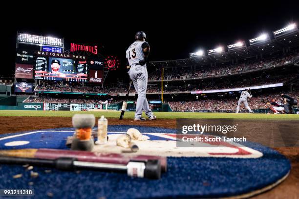 Starlin Castro of the Miami Marlins looks on during the sixth inning against the Washington Nationals at Nationals Park on July 06, 2018 in...