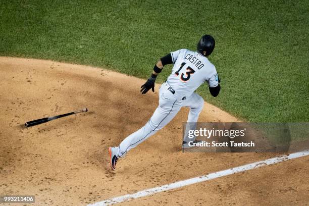 Starlin Castro of the Miami Marlins singles against the Washington Nationals during the fifth inning at Nationals Park on July 06, 2018 in...