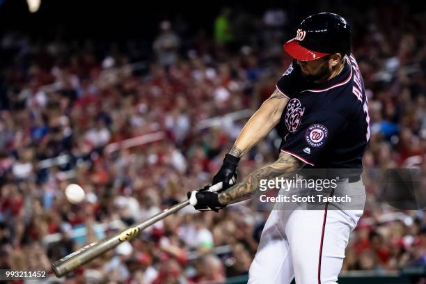 Matt Adams of the Washington Nationals at bat against the Miami Marlins during the sixth inning at Nationals Park on July 06, 2018 in Washington, DC.