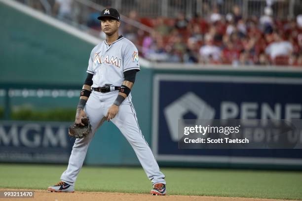 Starlin Castro of the Miami Marlins looks on during the seventh inning against the Washington Nationals at Nationals Park on July 06, 2018 in...