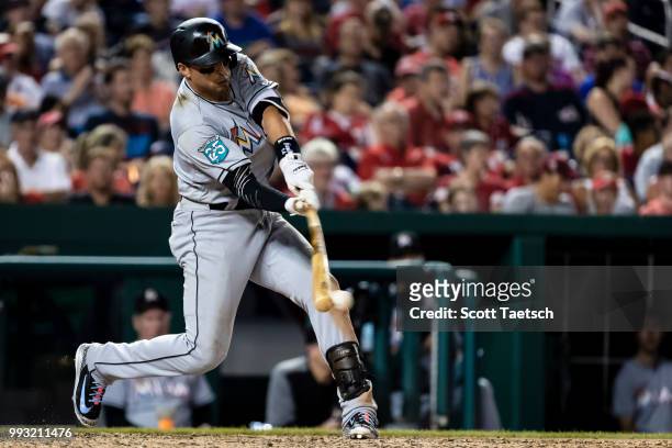 Martin Prado of the Miami Marlins at bat against the Washington Nationals during the eighth inning at Nationals Park on July 06, 2018 in Washington,...
