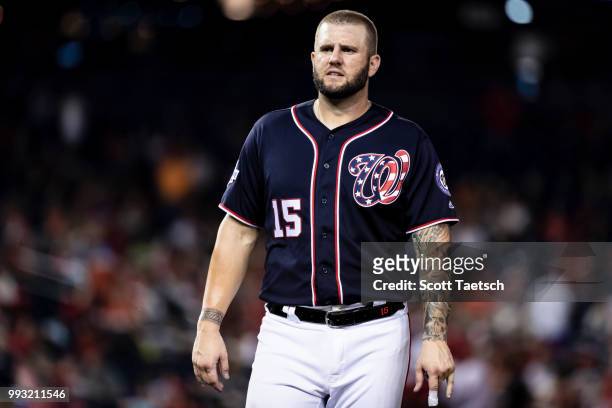 Matt Adams of the Washington Nationals looks on during the eighth inning against the Miami Marlins at Nationals Park on July 06, 2018 in Washington,...