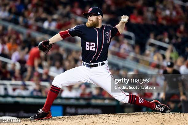 Sean Doolittle of the Washington Nationals pitches against the Miami Marlins during the ninth inning at Nationals Park on July 06, 2018 in...