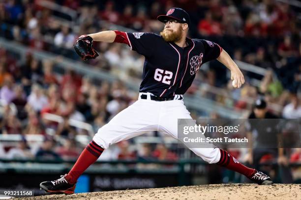 Sean Doolittle of the Washington Nationals pitches against the Miami Marlins during the ninth inning at Nationals Park on July 06, 2018 in...