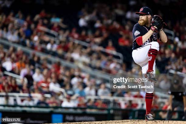 Sean Doolittle of the Washington Nationals pitches against the Miami Marlins during the ninth inning at Nationals Park on July 06, 2018 in...