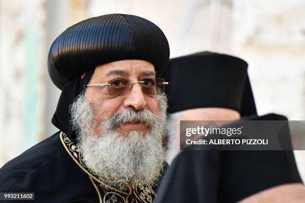 Egypt's Coptic Orthodox Pope Tawadros II arrives for a meeting with Pope Francis and other religious leaders at the Pontifical Basilica of St...