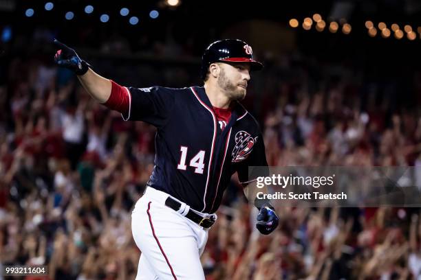 Mark Reynolds hits the game winning home run against the Miami Marlins during the ninth inning at Nationals Park on July 06, 2018 in Washington, DC.