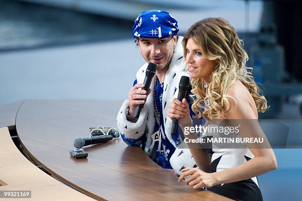 French actor Michael Youn , aka "Fatal Bazooka", and his girlfriend French actress Isabelle Funaro attend the Canal Plus TV show "Le Grand Journal"...