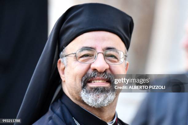 Coptic Patriarch Of Alexandria Ibrahim Isaac Sidrak arrives for a meeting with Pope Francis and other religious leaders at the Pontifical Basilica of...