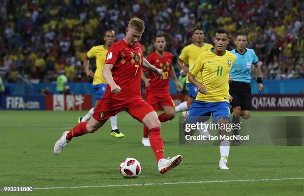 Kevin De Bruyne of Belgium controls the ball before scoring during the 2018 FIFA World Cup Russia Quarter Final match between Brazil and Belgium at...