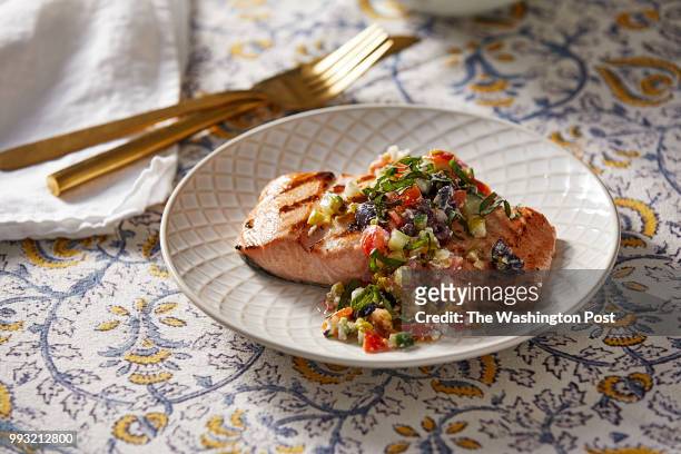 Sunday Supper : Grilled Salmon With Greek Salad Salsa . Photographed for Voraciously ast the Washington Post in Washington DC.