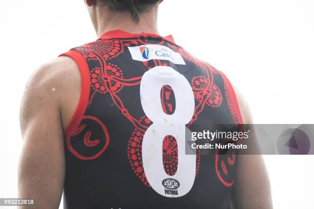 The back of the Casey Demons' indigenous guernsey during the VFL round 14 game between the Casey Demons and North Melbourne at Casey Fields in...