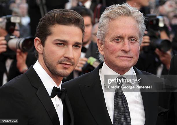 Actors Shia LaBeouf and Michael Douglas attend the Premiere of 'Wall Street: Money Never Sleeps' held at the Palais des Festivals during the 63rd...