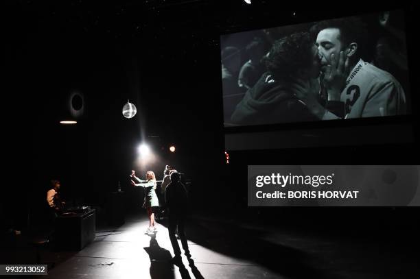 Actors perform in the play "La Reprise" directed by Swiss Milo Rau in Avignon on July 6 during the 72nd International Theatre festival.