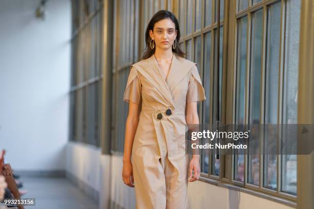 Model walks the runway during Angel Schlesser fashion show as part of the Mercedes Benz Fashion Week Madrid Spring/ Summer 2019 at the Jardin...