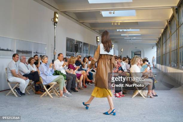 Model walks the runway during Angel Schlesser fashion show as part of the Mercedes Benz Fashion Week Madrid Spring/ Summer 2019 at the Jardin...