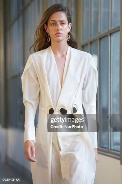 Model walks the runway during Angel Schlesser fashion show as part of the Mercedes Benz Fashion Week Madrid Spring/ Summer 2019 at the Jardin...