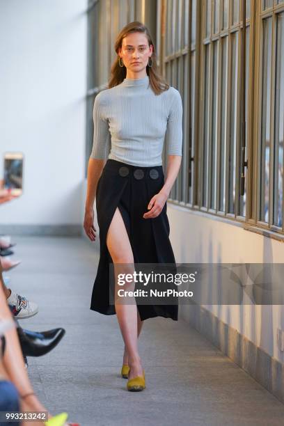 Model walks the runway during Angel Schlesser fashion show as part of the Mercedes Benz Fashion Week Madrid Spring/ Summer 2019 at the Jardin...