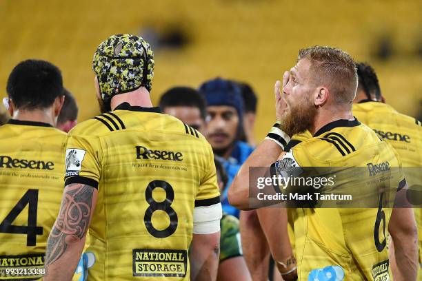 Brad Shields of the Hurricanes gives diretion to his team during the round 18 Super Rugby match between the Hurricanes and the Blues at Westpac...