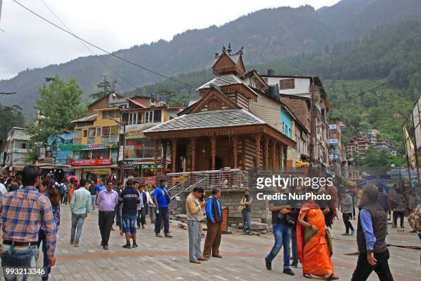 View of street market in Manali town, Himachal Pradesh , India on 6th July,2018.Manali is a resort town nestled in the mountains of the Indian state...