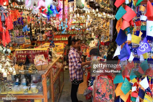 Shops with decorative products at local market of Manali town, Himachal Pradesh , India on 6th July,2018.Manali is a resort town nestled in the...
