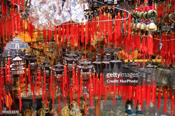 Shops with decorative products at local market of Manali town, Himachal Pradesh , India on 6th July,2018.Manali is a resort town nestled in the...