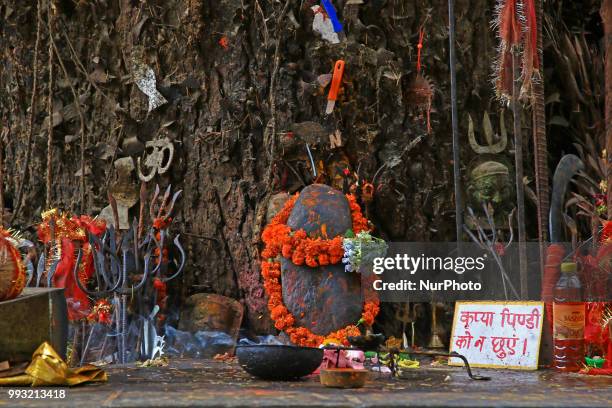 View of Ghatotkach tree temple near historical Hadimba temple in Manali town, Himachal Pradesh , India on 6th July,2018.Ghatotkacha is a character in...