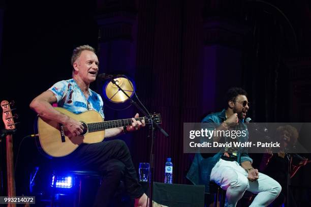 Sting performs with Shaggy during Fnac Live on July 6, 2018 in Paris, France.