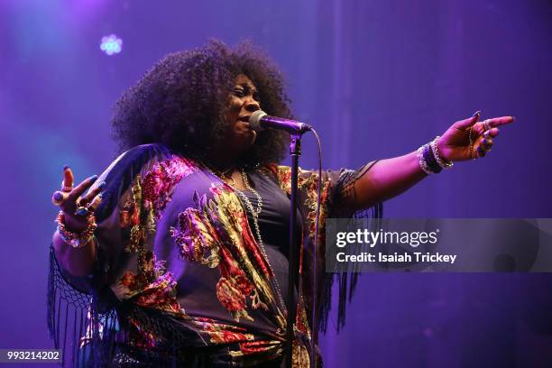 Thornetta Davis performs during the 2018 Montreal International Jazz Festival at Hyundai / CBC / Radio-Canada Internship stage on July 6, 2018 in...