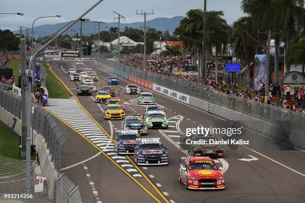 Scott McLaughlin drives the Shell V-Power Racing Team Ford Falcon FGX leads at the start of race 17 for the Supercars Townsville 400 on July 7, 2018...