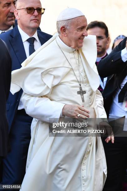 Pope Francis arrives after his mass at the 'Rotonda' on the Lungomare of Bari, to meet with other religious leaders at the Pontifical Basilica of St...