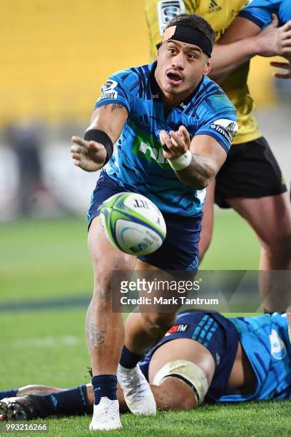 Augustine Pulu of the Blues during the round 18 Super Rugby match between the Hurricanes and the Blues at Westpac Stadium on July 7, 2018 in...