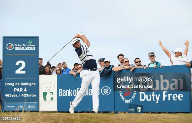 Jon Rahm of Spain hits his tee-shot on the second hole during the third round of the Dubai Duty Free Irish Open at Ballyliffin Golf Club on July 7,...