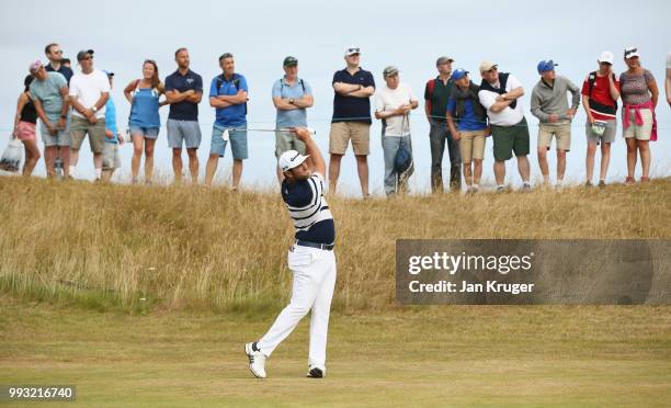 Jon Rahm of Spain plays his second shot on the second hole during the third round of the Dubai Duty Free Irish Open at Ballyliffin Golf Club on July...