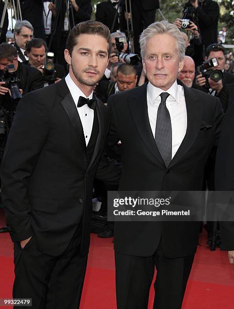 Actors Shia LaBeouf and Michael Douglas attend the Premiere of 'Wall Street: Money Never Sleeps' held at the Palais des Festivals during the 63rd...