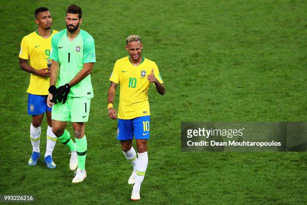 Neymar, Alisson Becker and Gabriel Jesus of Brazil look on after victory in the 2018 FIFA World Cup Russia group E match between Serbia and Brazil at...