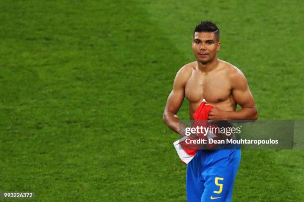 Casemiro of Brazil looks on after victory in the 2018 FIFA World Cup Russia group E match between Serbia and Brazil at Spartak Stadium on June 27,...