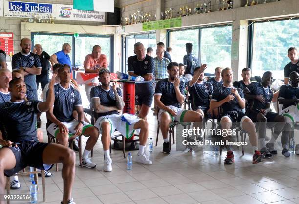 Leuven players watch the World Cup before the game between OH Leuven and Sint-Truiden : Pre-Season Friendly at VK Linden Stadium on July 06, 2018 in...