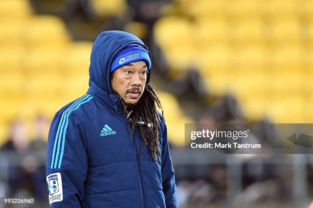 Blues coach Tana Umaga before the round 18 Super Rugby match between the Hurricanes and the Blues at Westpac Stadium on July 7, 2018 in Wellington,...