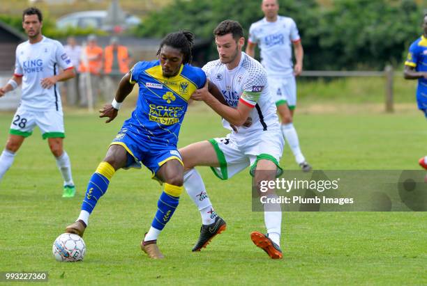Elliott Moore of OH Leuven during the game between OH Leuven and Sint-Truiden : Pre-Season Friendly at VK Linden Stadium on July 06, 2018 in...
